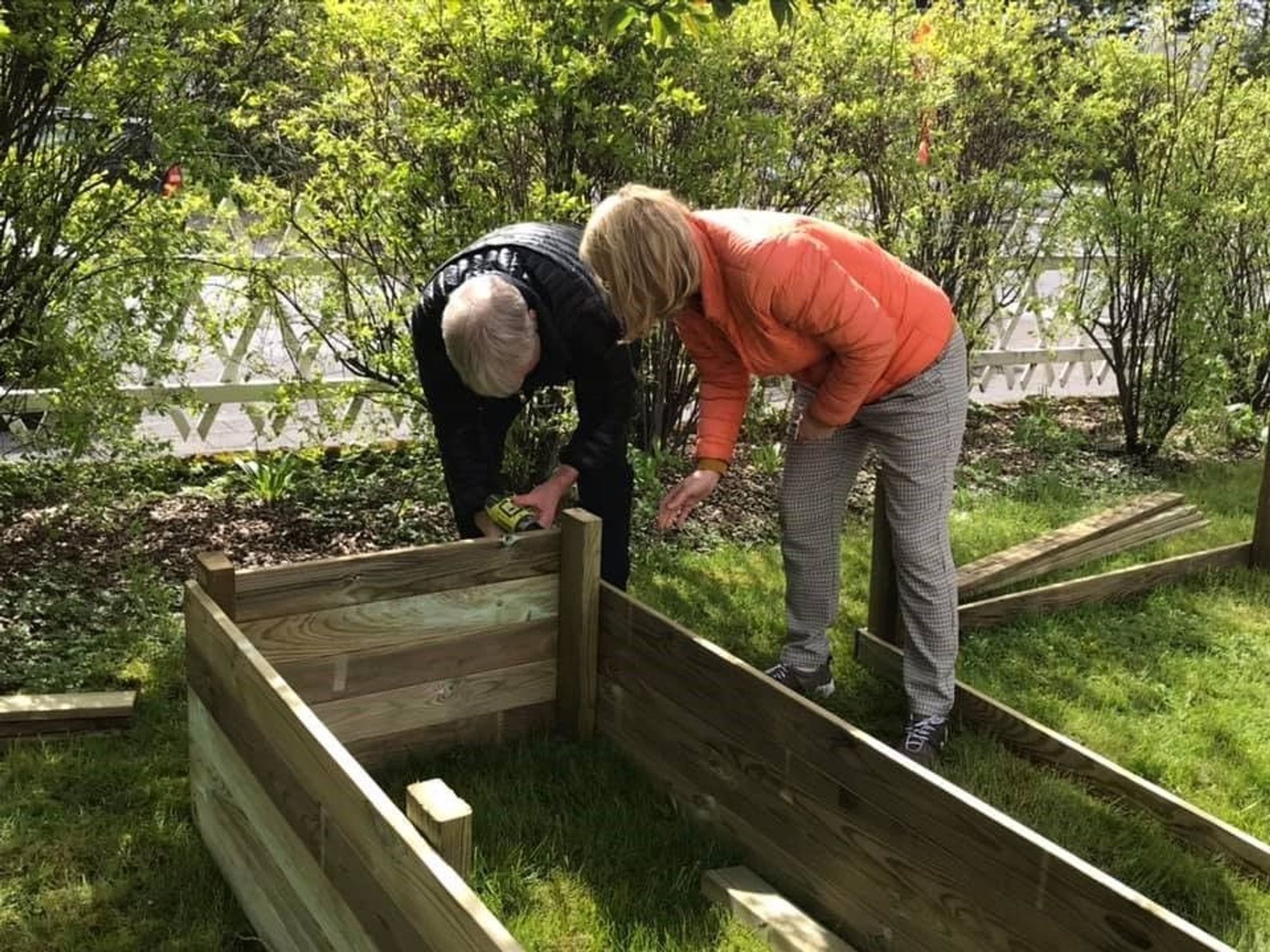 Two individuals assembling a wooden garden bed in a small green garden setting