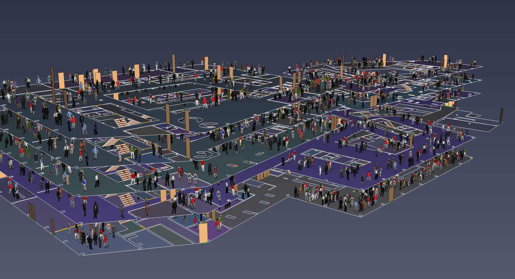 3D visualization of a large space with no walls and five floors