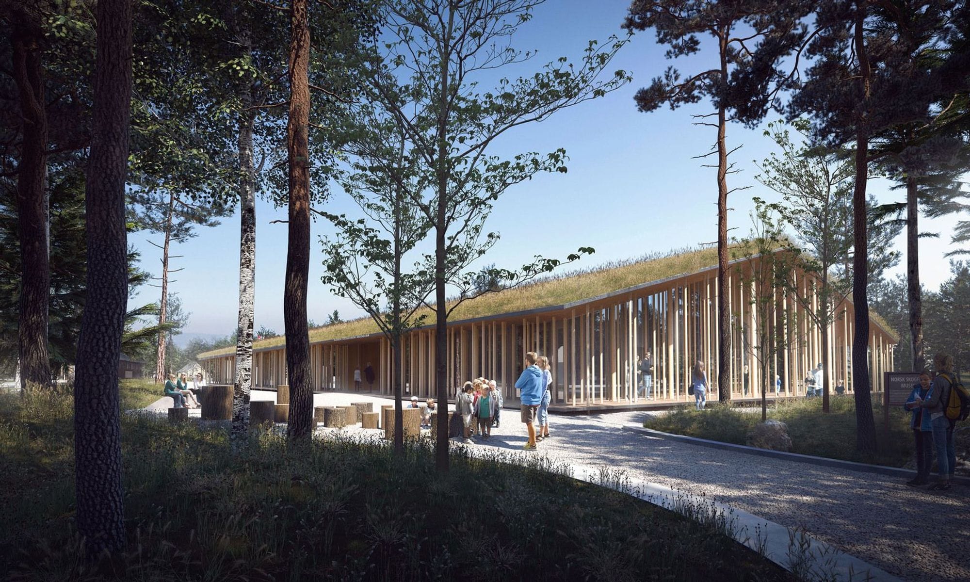 Computer generated visualization of a wooden building with green roof, integrated into a forest 