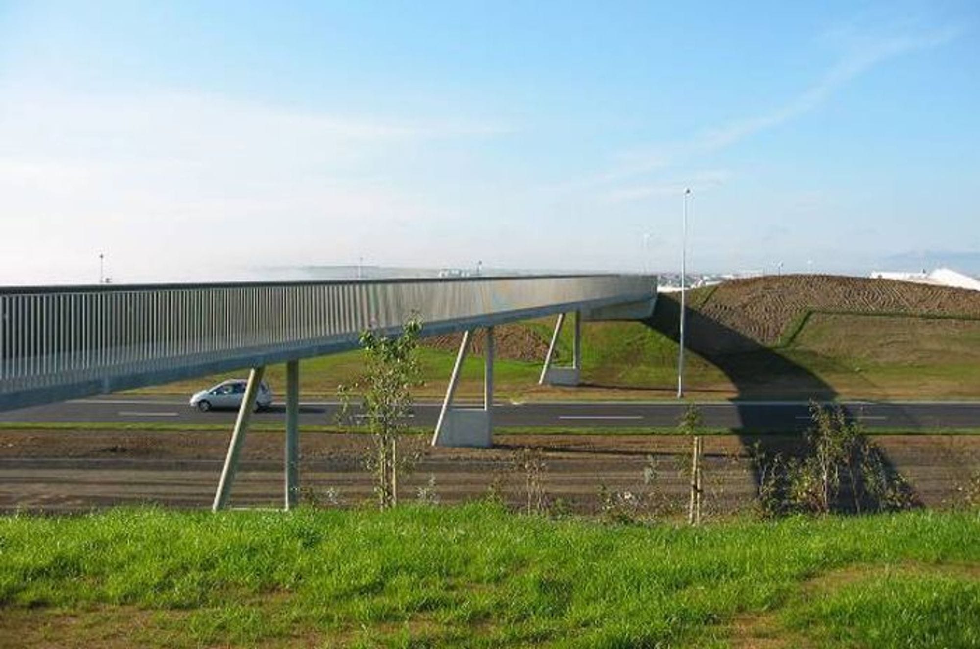 Green landscape with bridge overhead