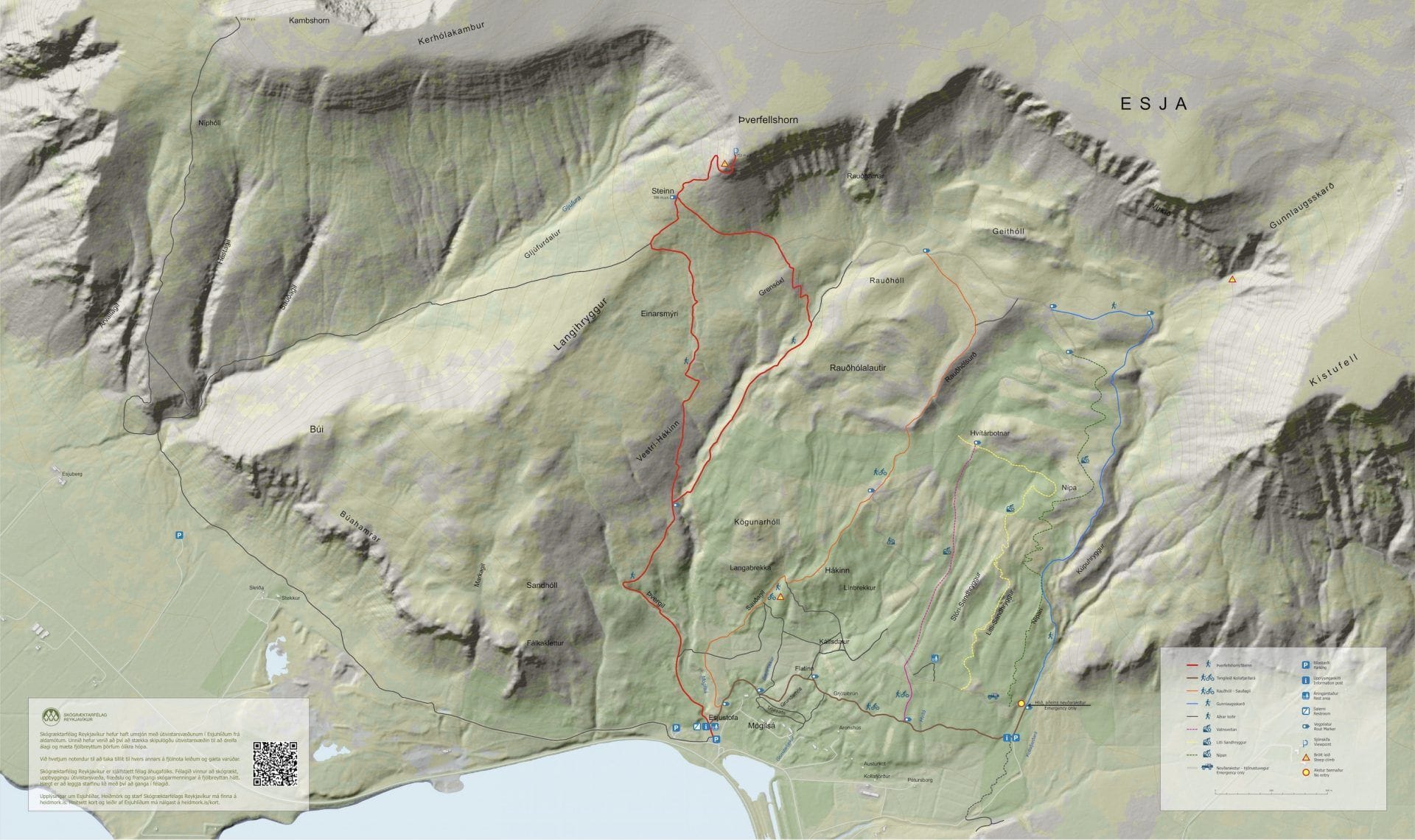 A map with marked trail and contour lines