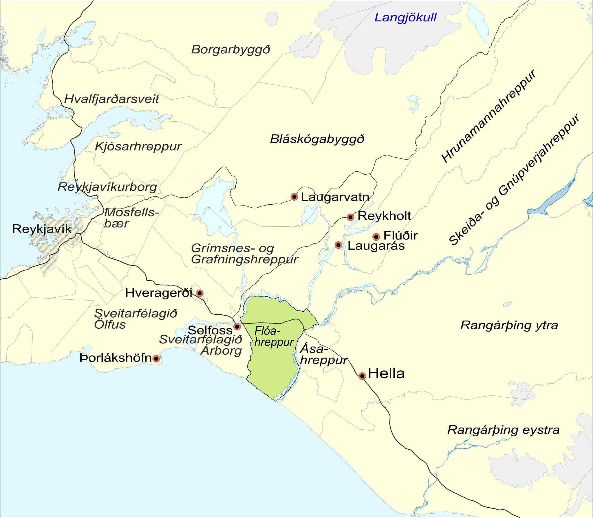 A map of a region in Iceland highlighting different areas