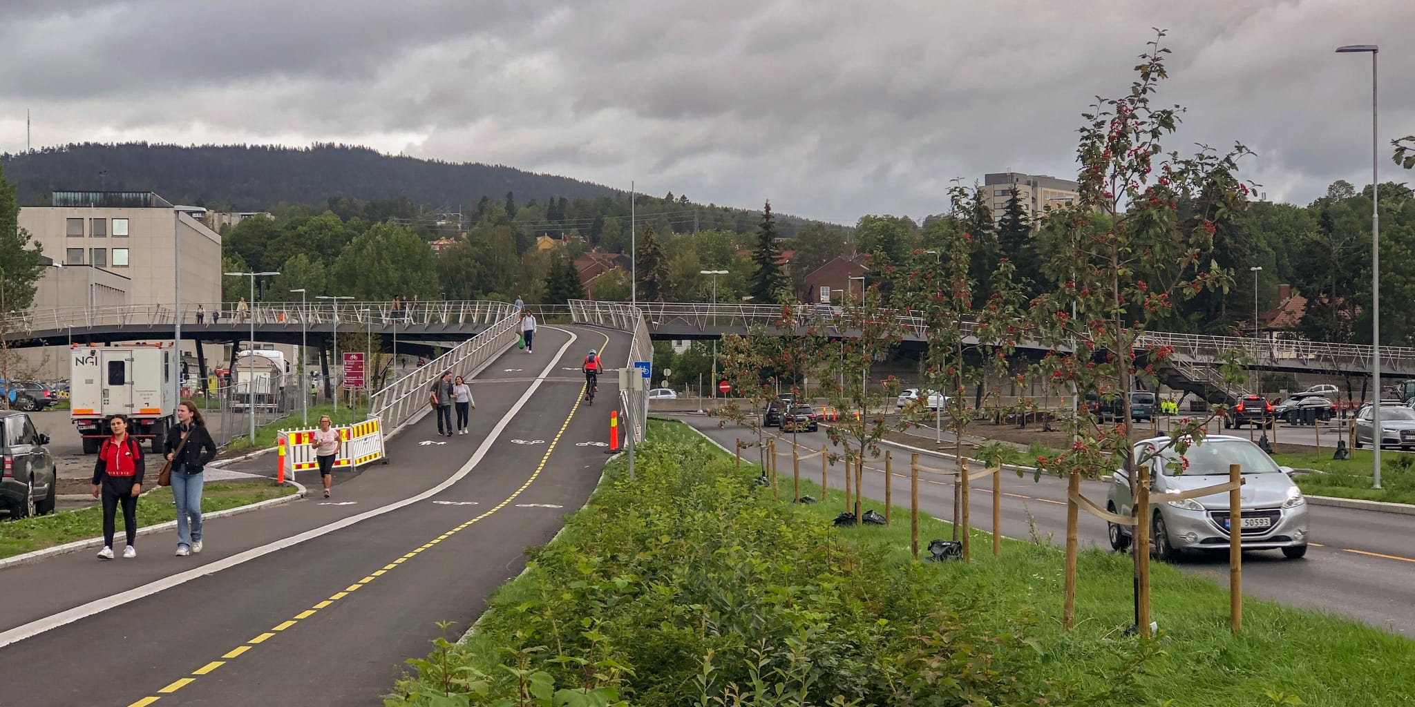 A pedestrian and bicycle bridge with people walking and running, set against a backdrop of greenery 