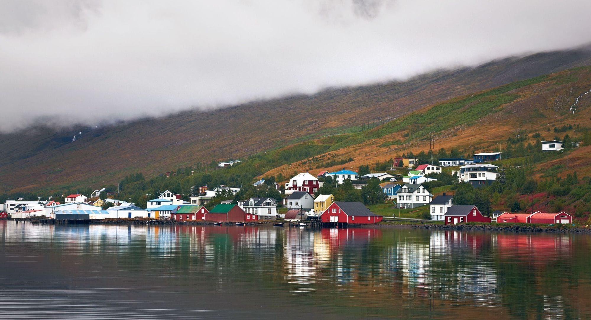 Þorp séð frá hafi.