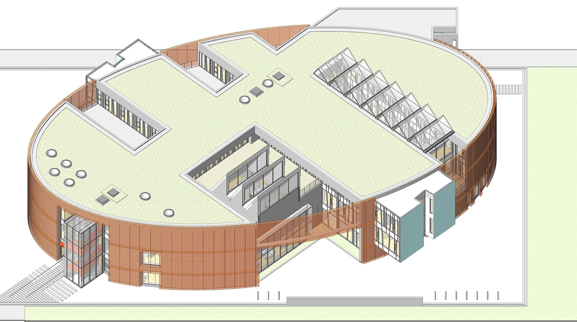 computer generated architecture of a circular building with different skylights