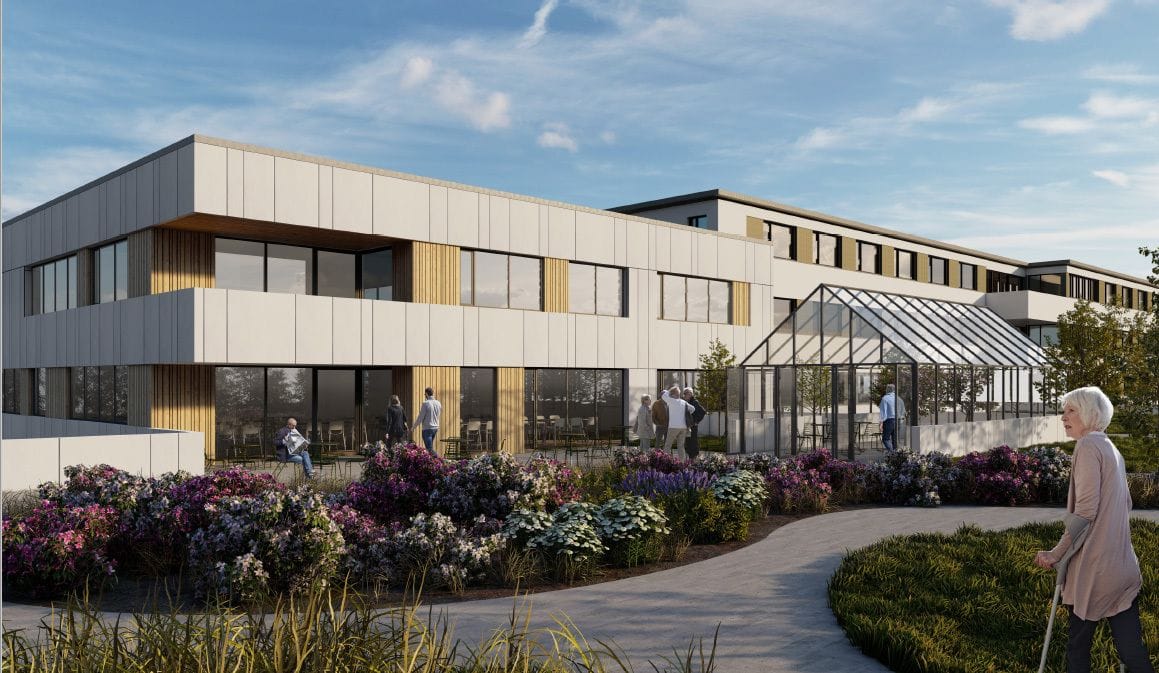 Computer generated picture of a modern building complex with large windows and a glasshouse, set in landscaped environment