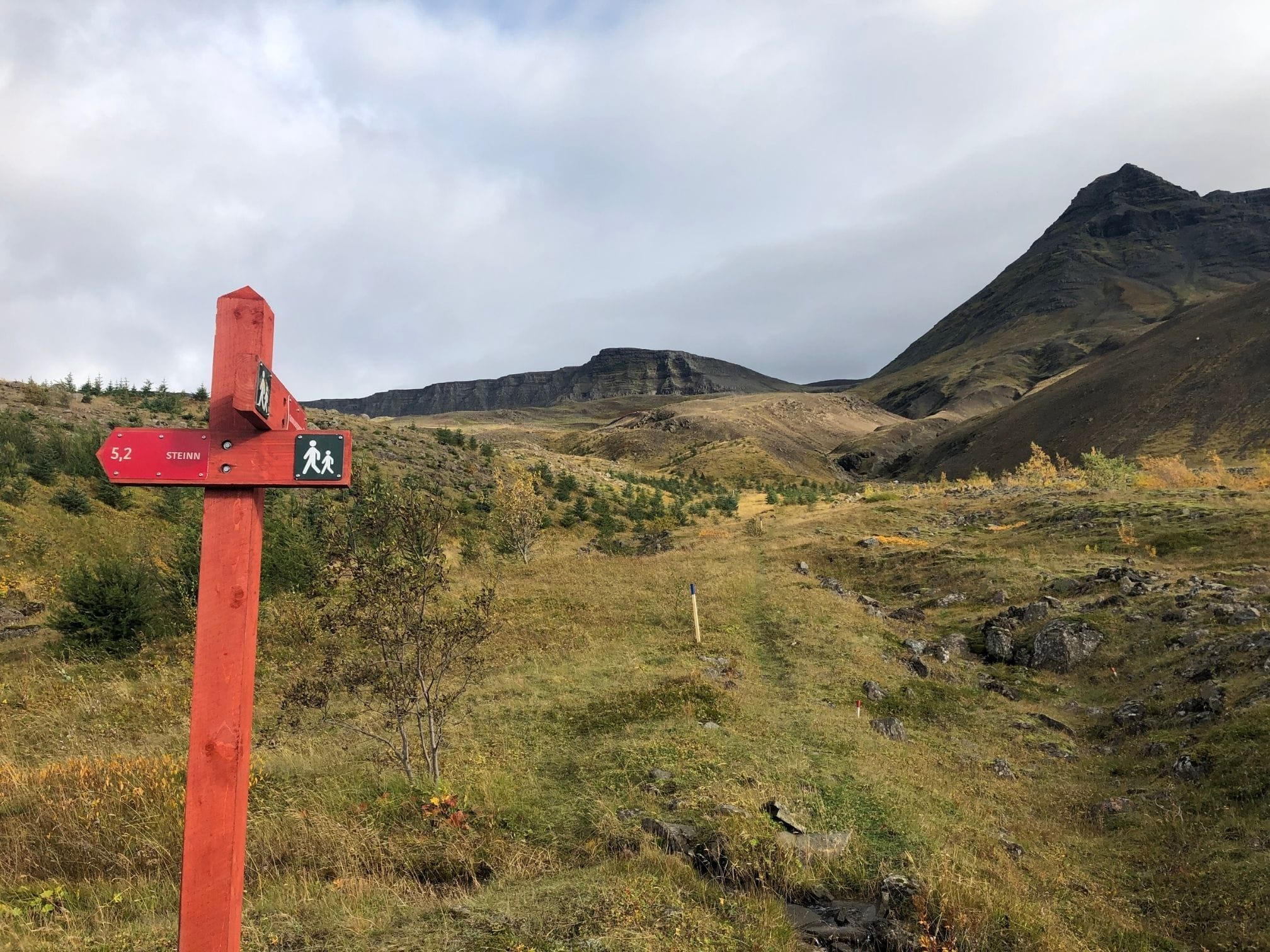 Fjall með gönguleið upp hlíðina.