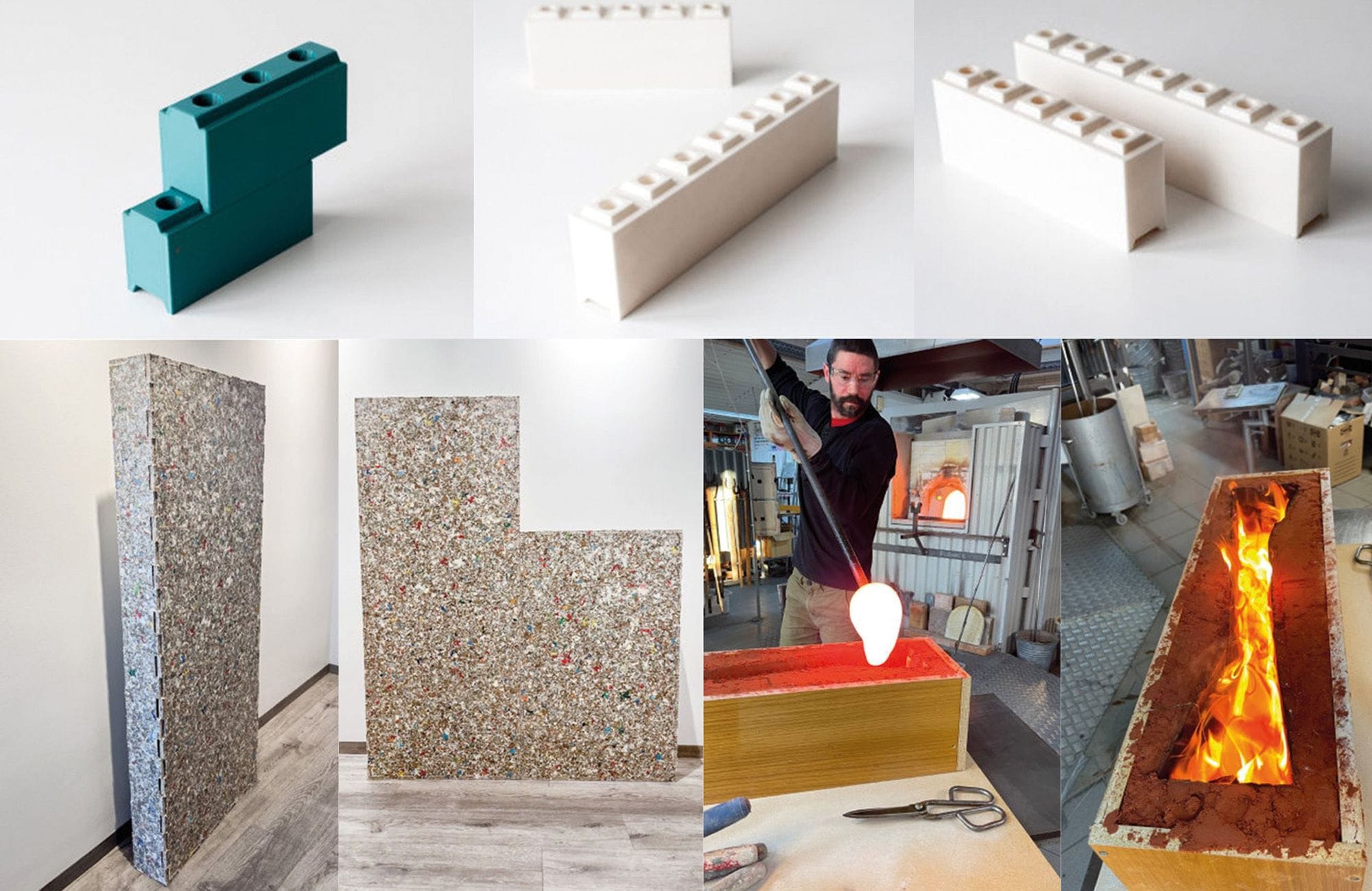 A collage of images showing ABS, a guy working with molten material, sample of materials with different texture.