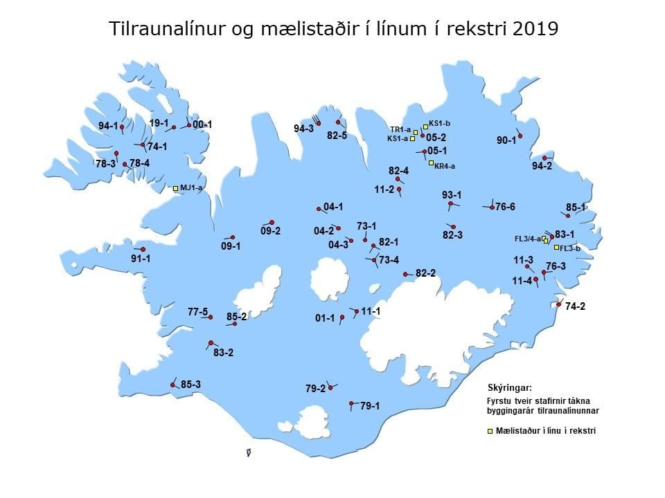 Kort af Íslandi sem sýnir staðsetningu tilraunalína fyrir ísingarmælingar