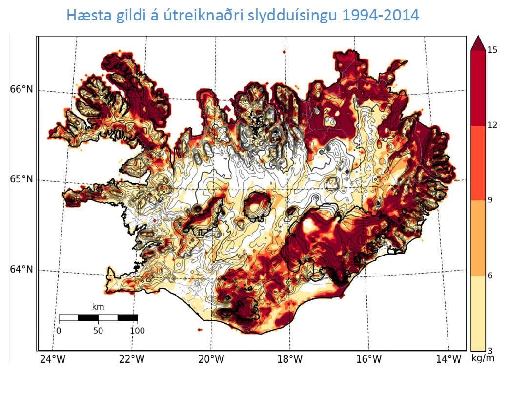 Íslandskort sem sýnir hvernig mesta slydduísingaráhleðsla er talin vera á landinu frá 1994 2014