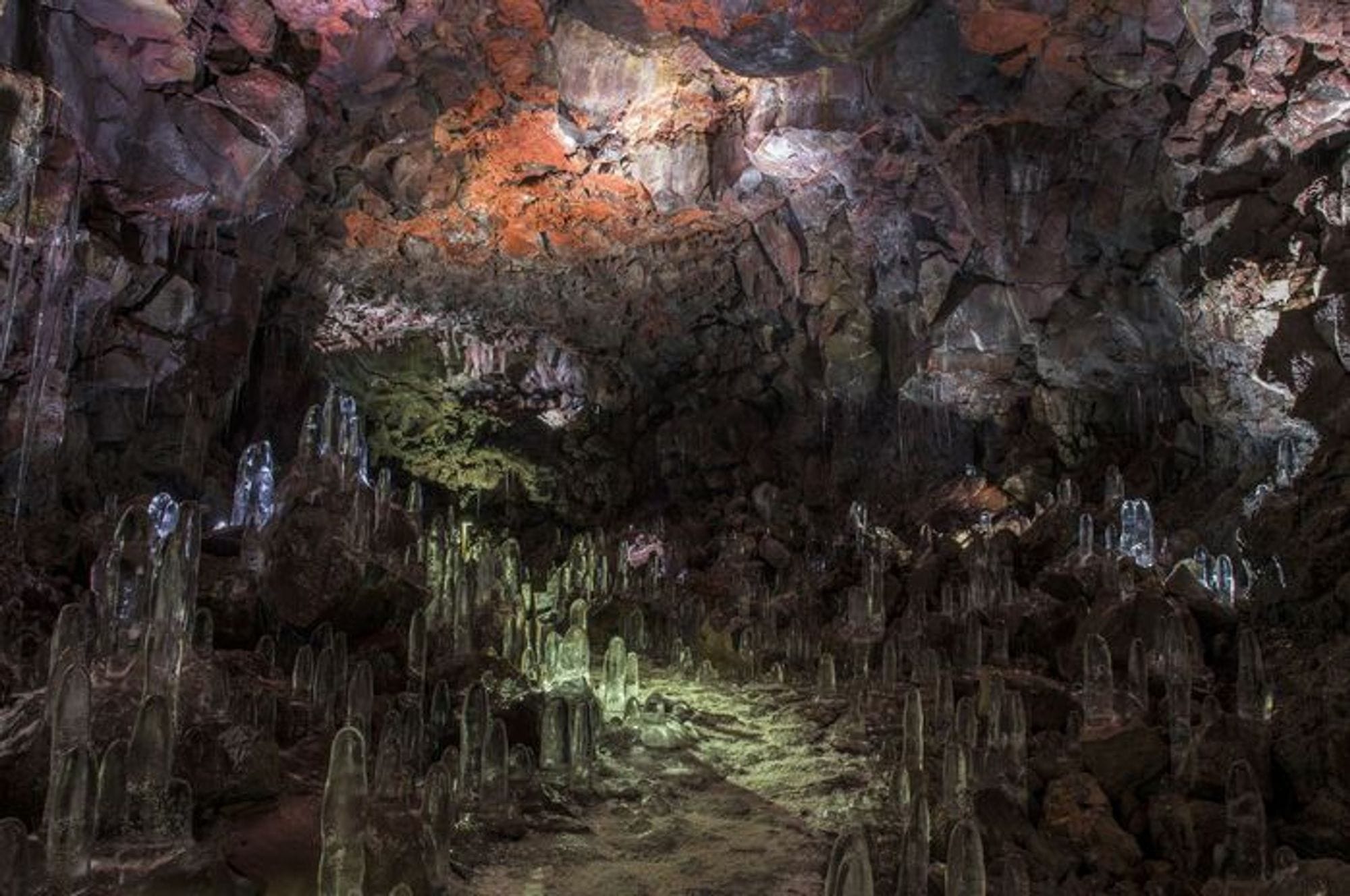 cave interior with green and orange tone 