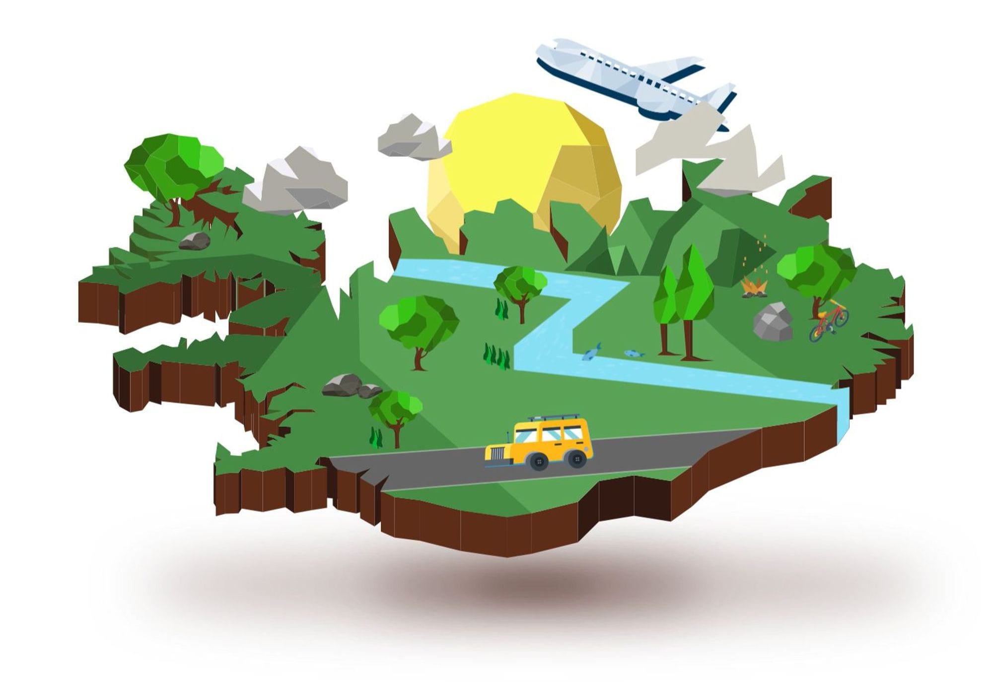 A graphic image of a green island with elements like eco-friendly concepts