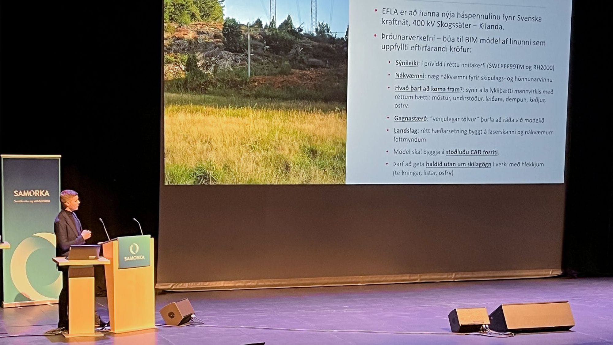 A person giving presentation in a lecture hall with a projection screen displaying text in Icelandic