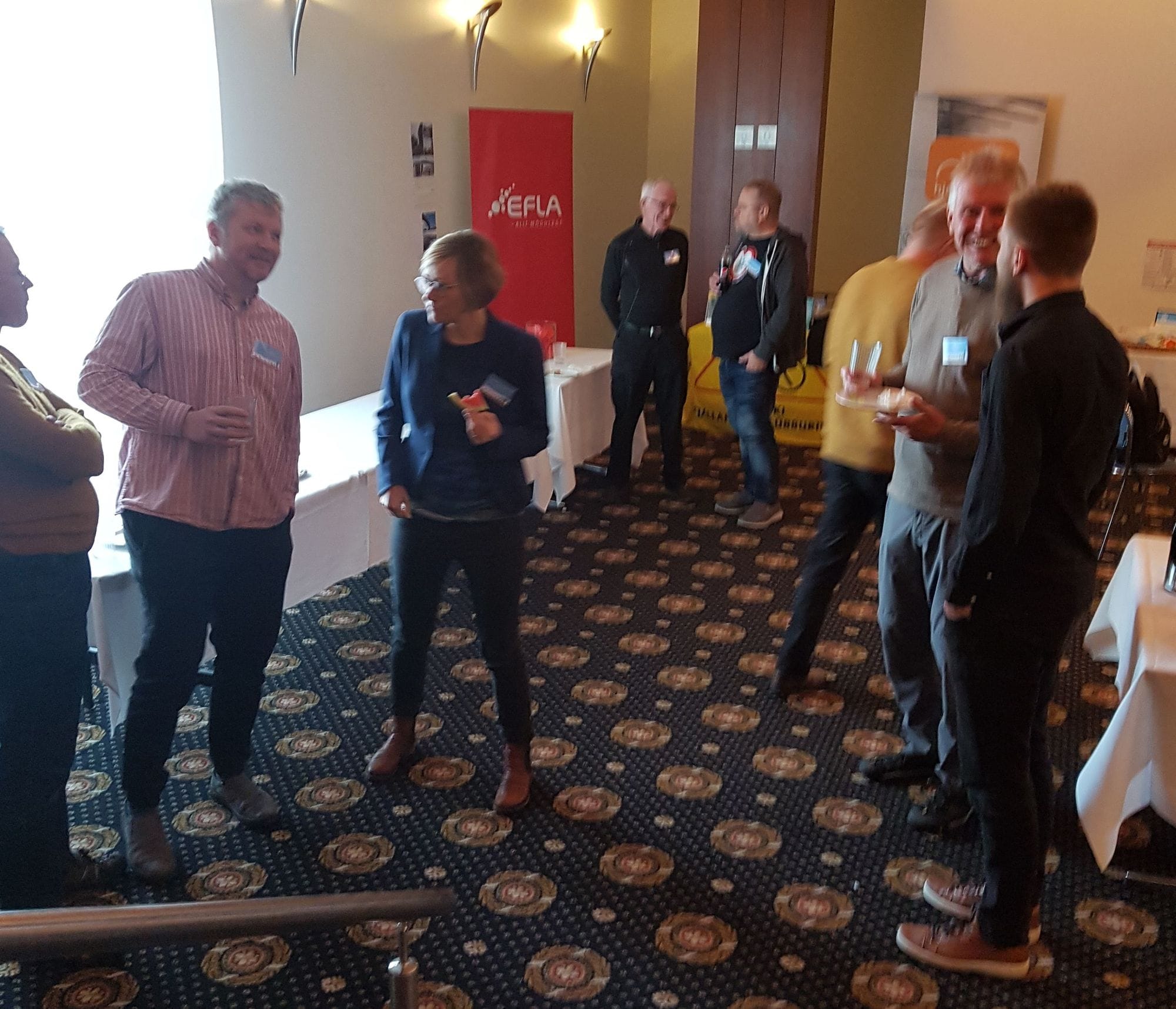 People conversing in a room, standing on a patterned carpet