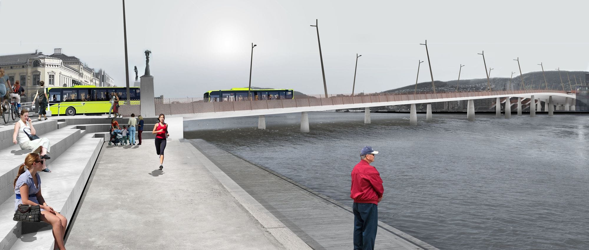 A person jogging and another standing by a waterfront