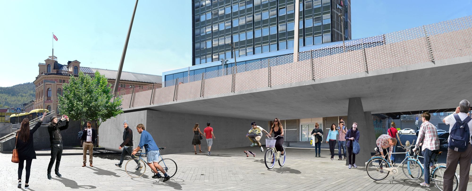 People cycling and walking in a plaza in front of modern building