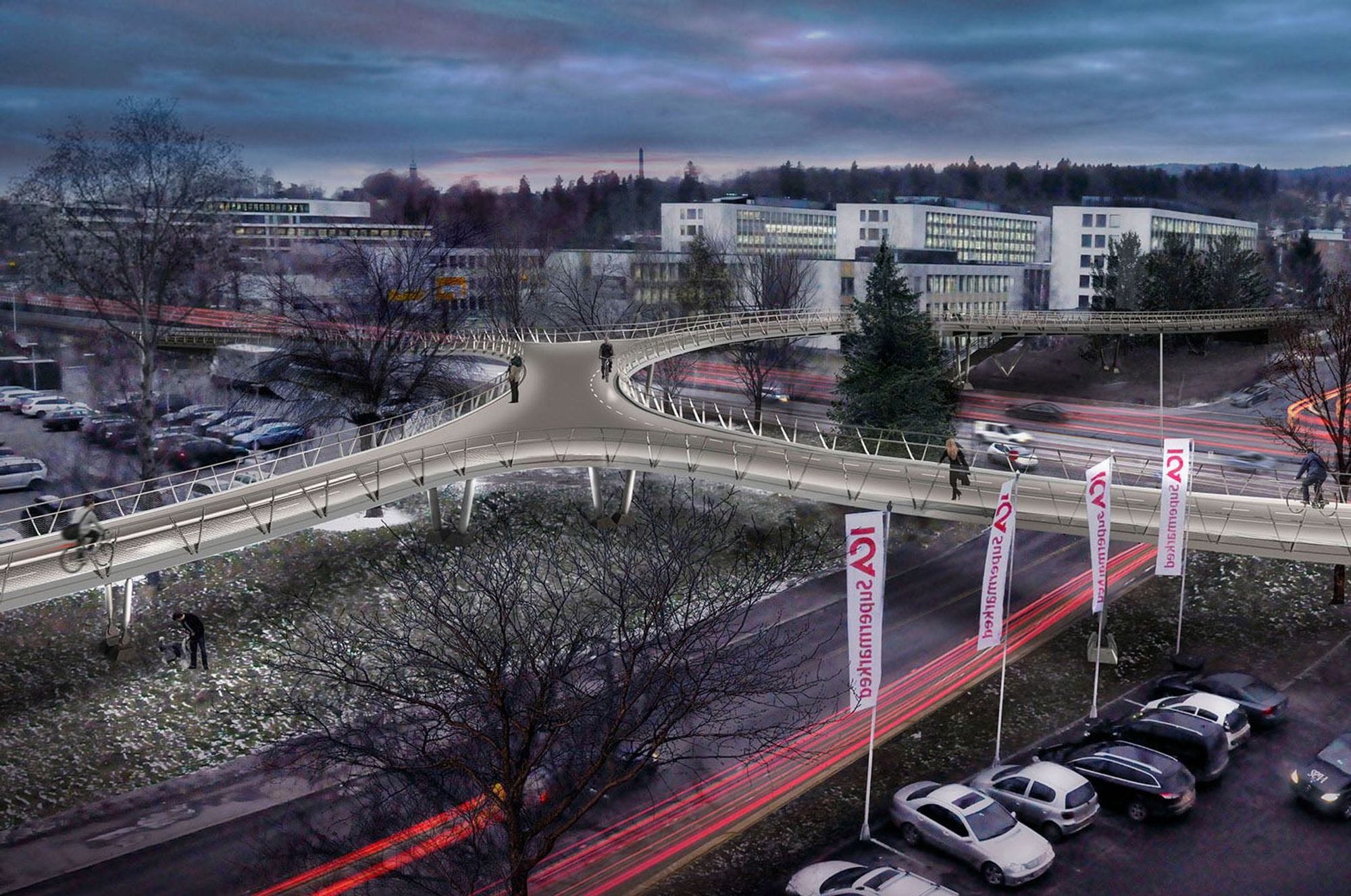 Pedestrian bridge over a roadway with vehicle and trees around it