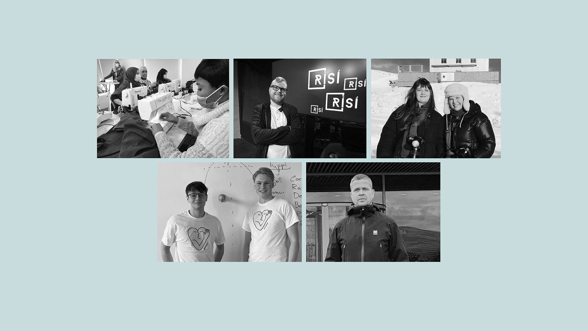 Collage of black and white photos depicting various people in different setting 