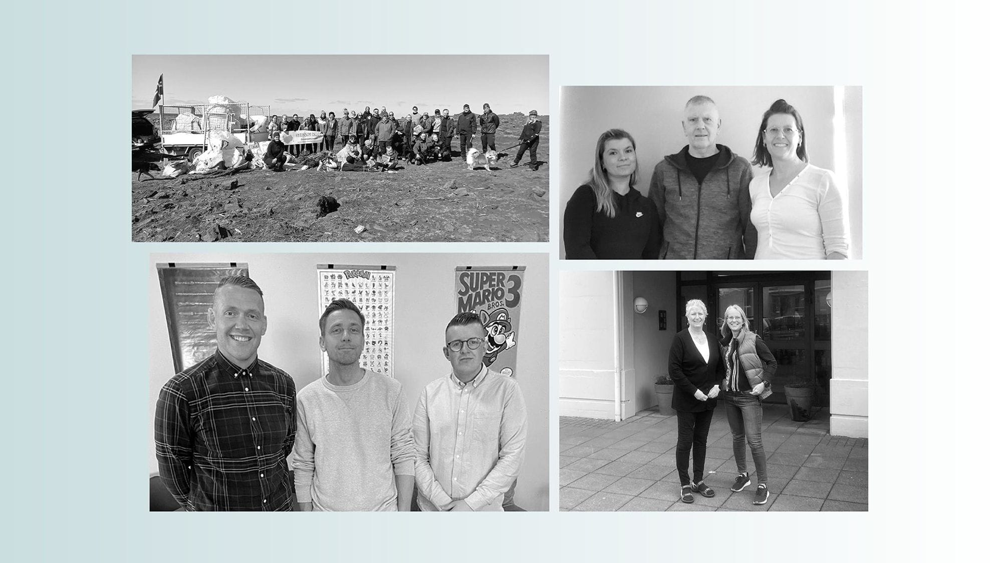 A collage of four black and white images featuring large group of people outdoor, three men posing, two women standing outside a building and three individuals standing together