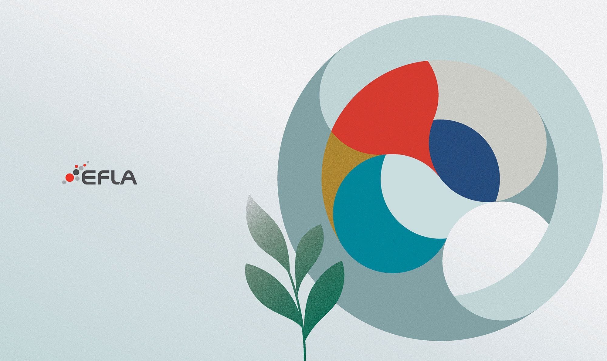 A minimalist graphic with "EFLA" text on the left accompanied by stylized overlapping circles and a plant to the right