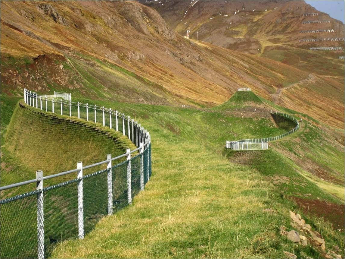 Ljósmynd af þvergörðum á Siglufirði í gróinni fjallshlíð