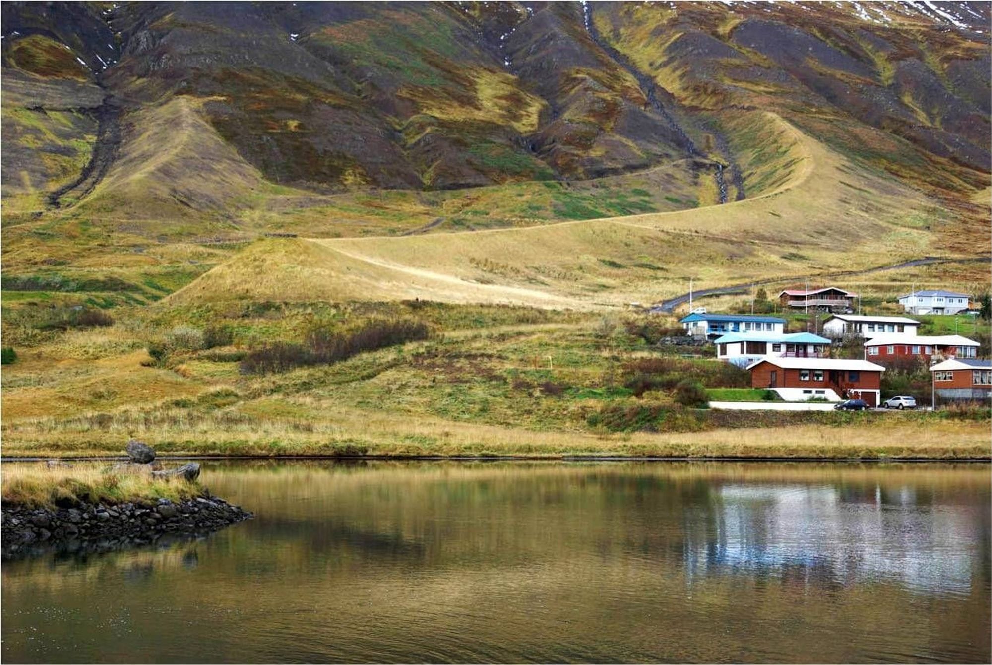 Ljósmynd af leiðigörðum á Siglufirði í fjallshlíð, sést í nokkur hús úr bænum. 