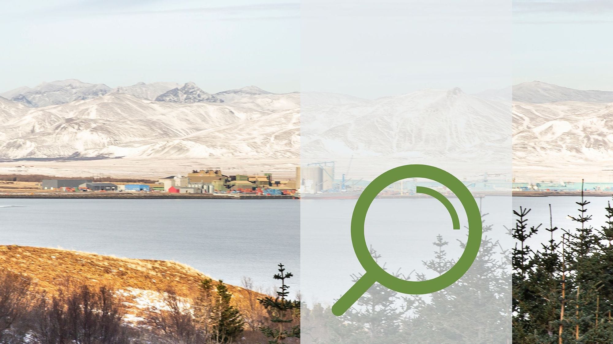 A scenic view of a costal area overlaid with a green magnifying glass icon 