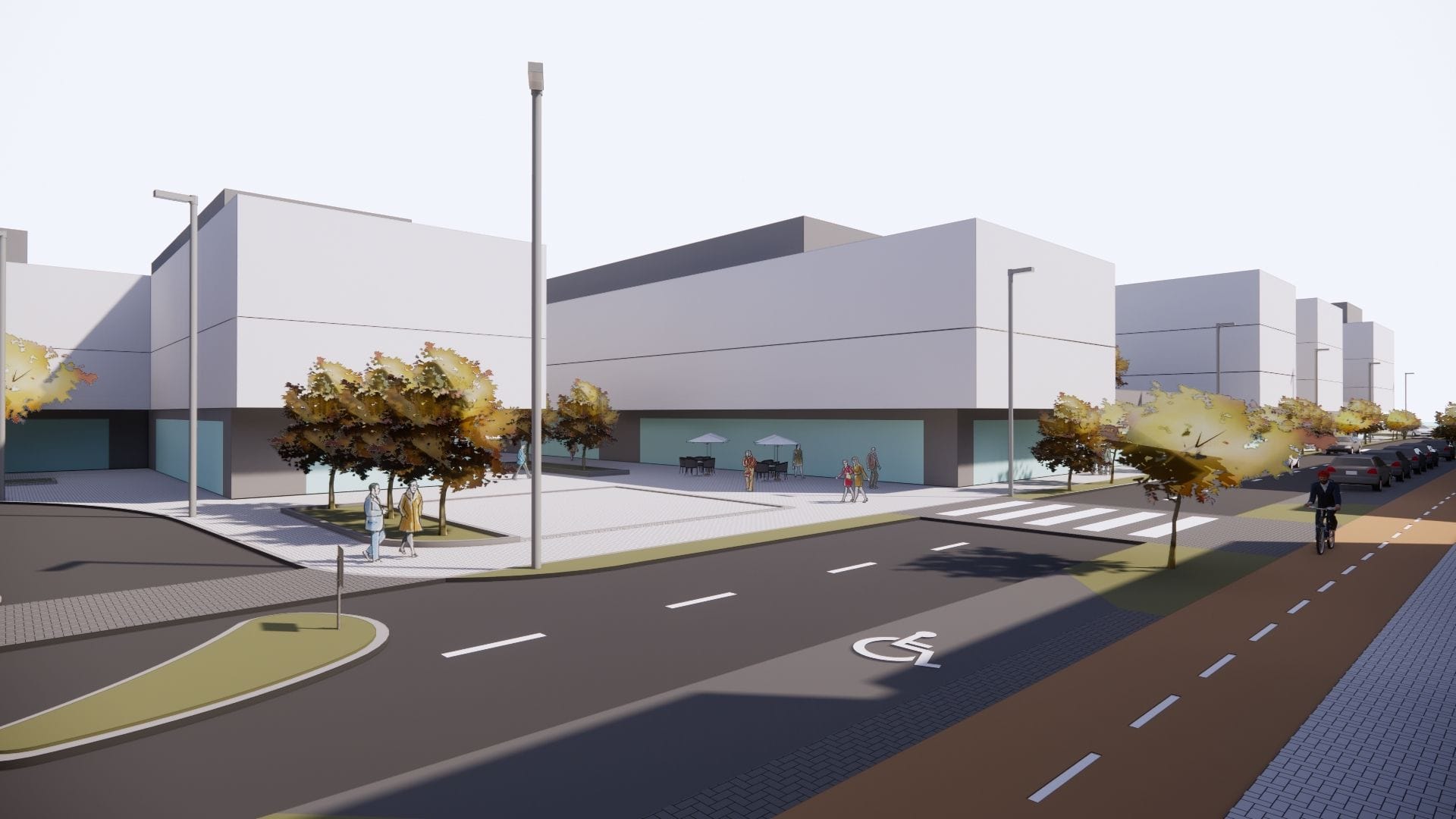 3D model of a modern buildings facade, street and tress