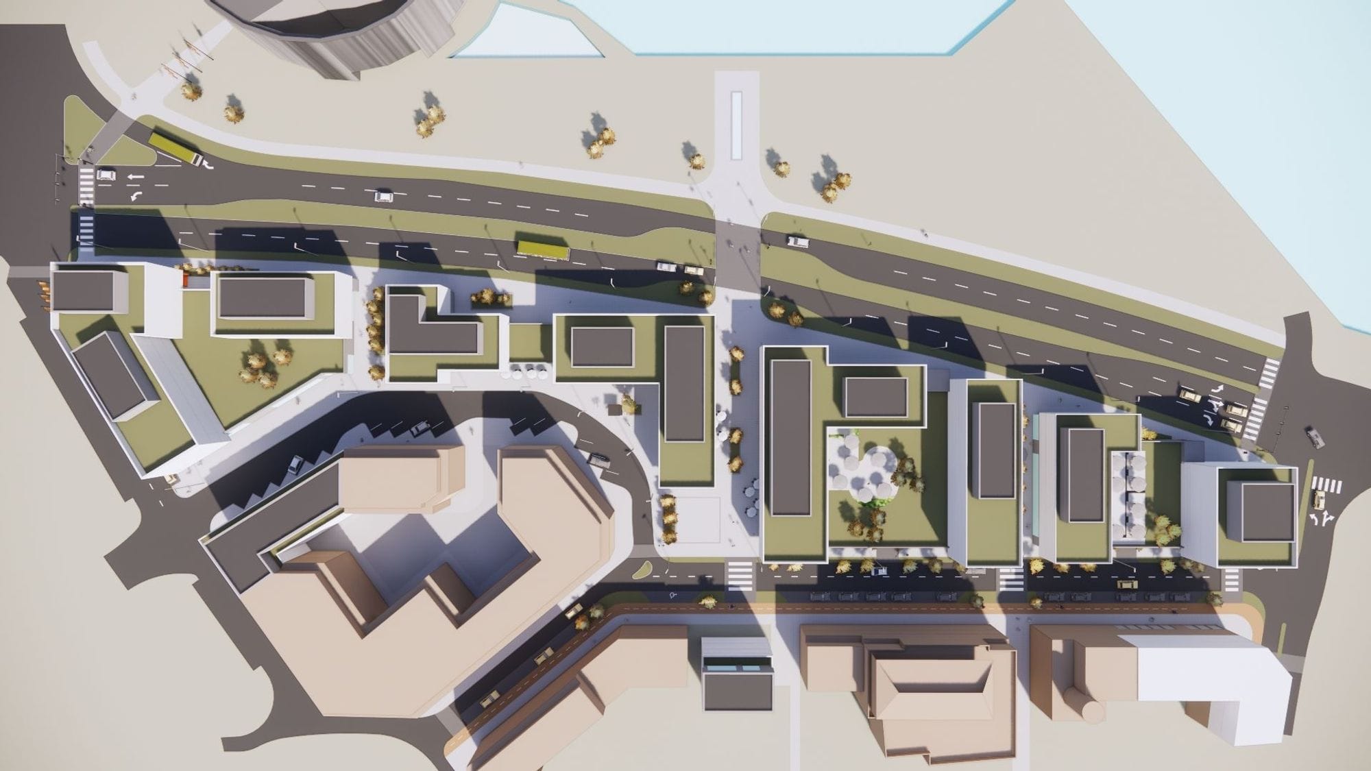 3D model of a city block with buildings, roads and green space