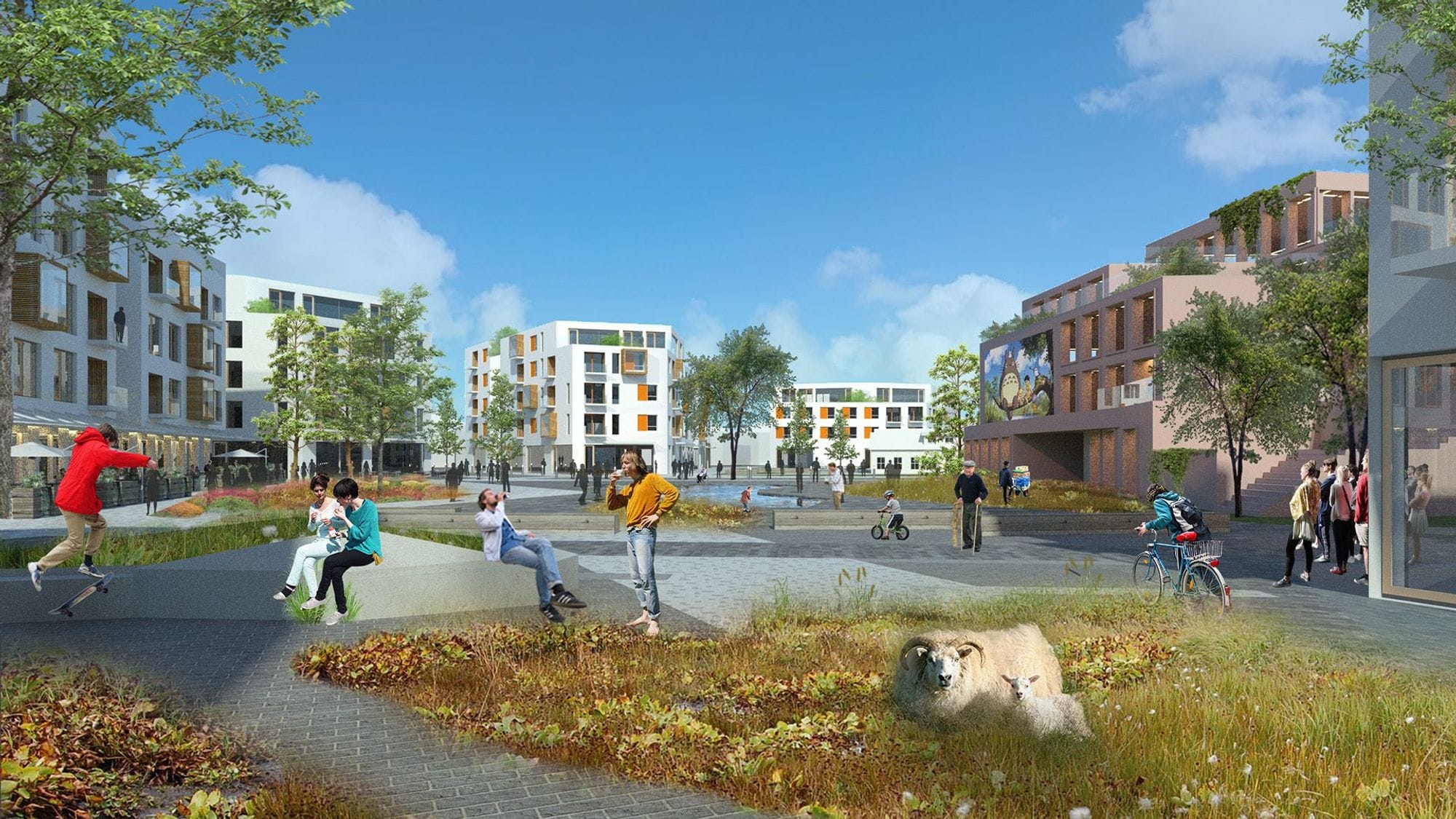 3D visualization of an urban setting with people engaged in different activities