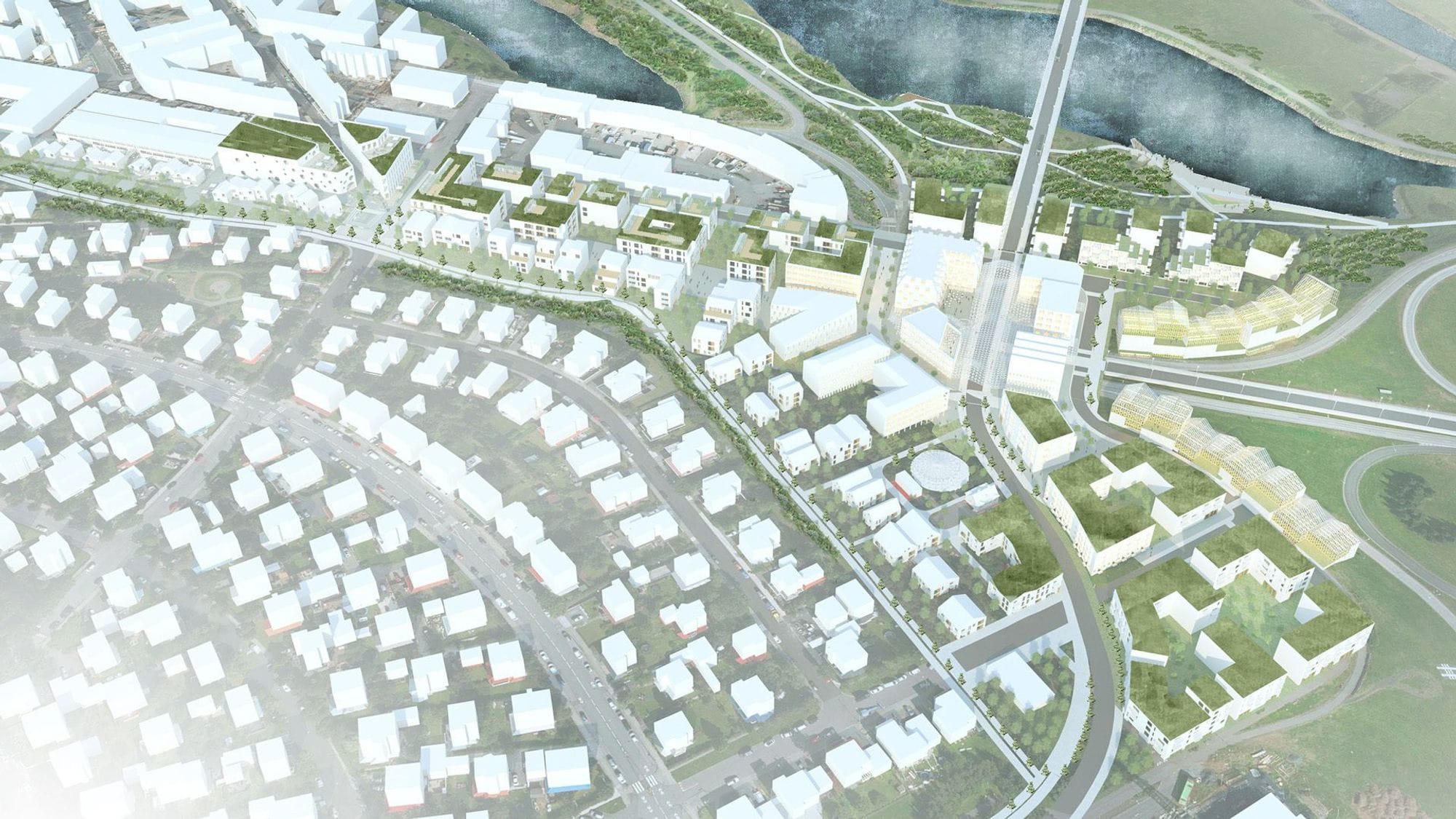 3D visualization of a city block layout with buildings and green spaces