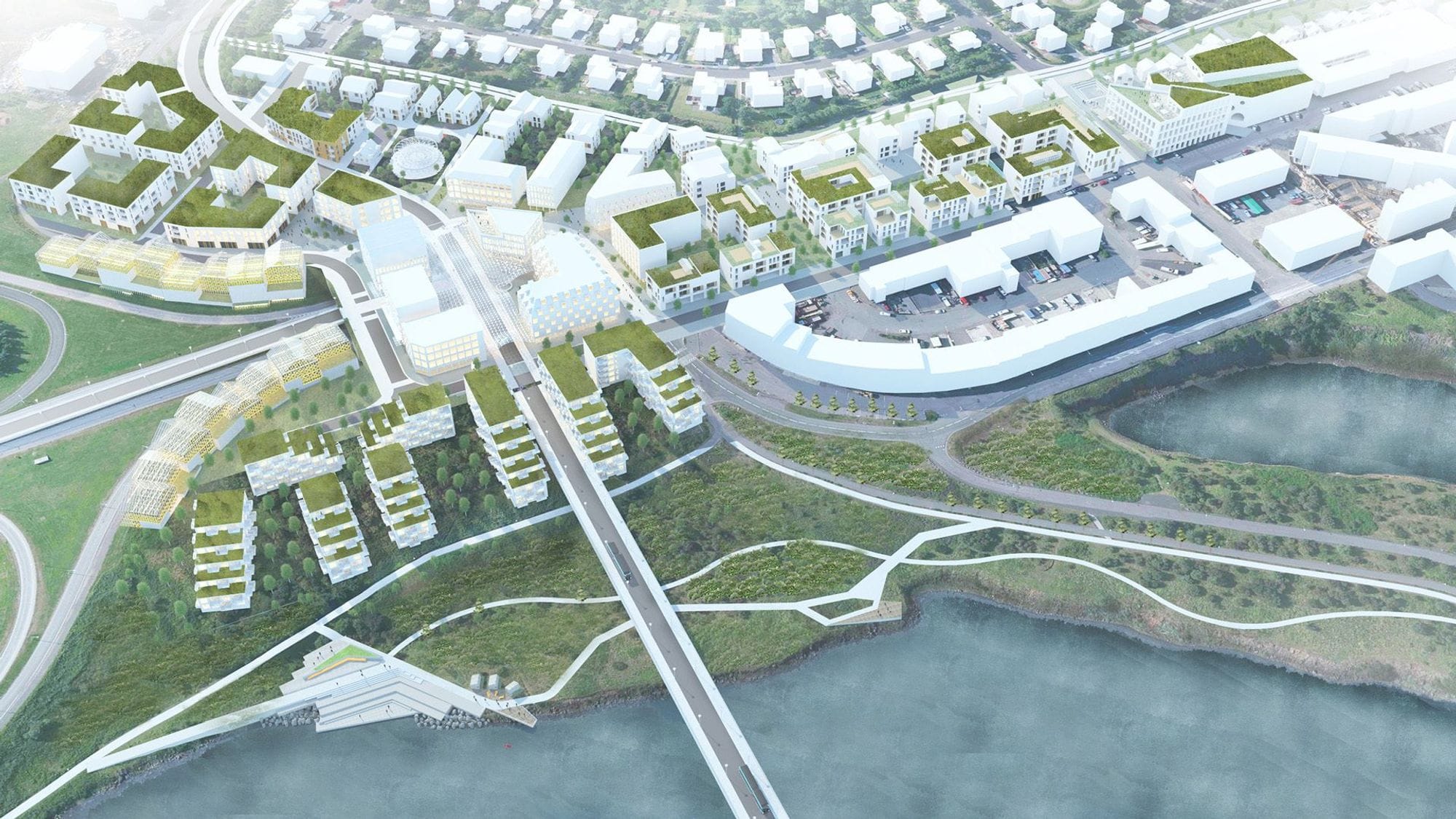 3D visualization of a city block layout with buildings and green spaces