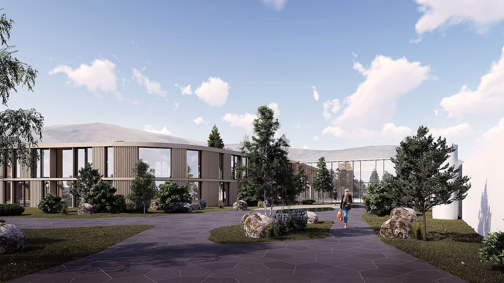 Architectural visualization of an outdoor setting featuring building with large glass window, trees and people walking along a pathway