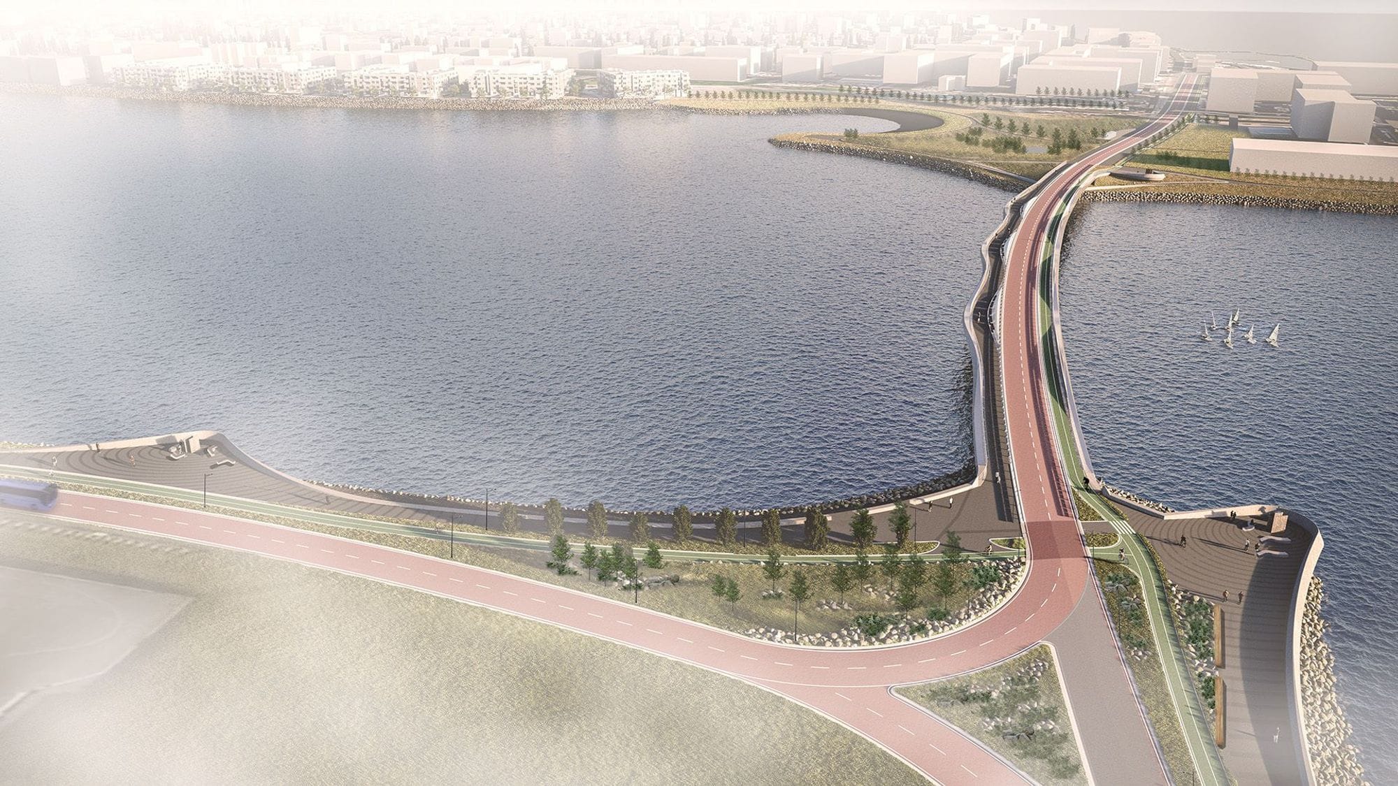 3D picture of coastal area with bridge, green space alongside, and a city skyline in the distance