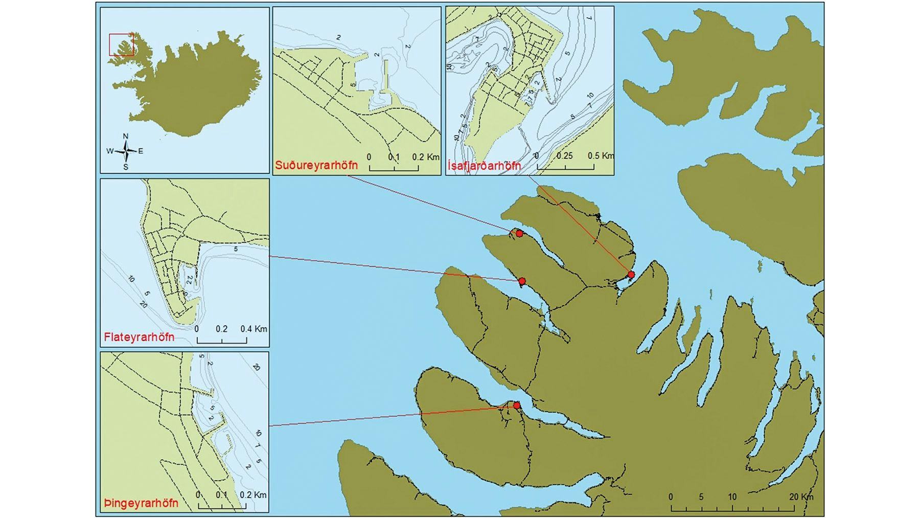 Kort af vestfjörðum sem sýnir sérstaklega staðsetningu Suðureyrarhafnar, Ísafjarðarhafnar, Flateyrarhafnar og Þingeyrarhafnar - teiknað