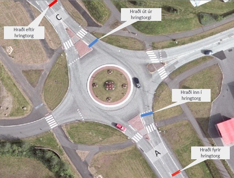An aerial view of a roundabout with labels in Icelandic