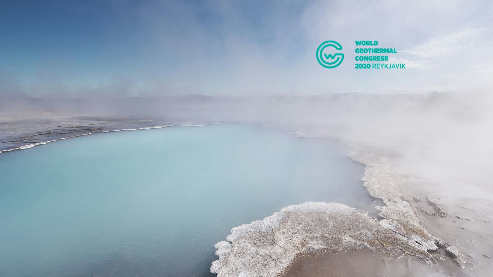 Geothermal area with steaming blue water and a text "World geothermal congress 2020 Reykjavik"