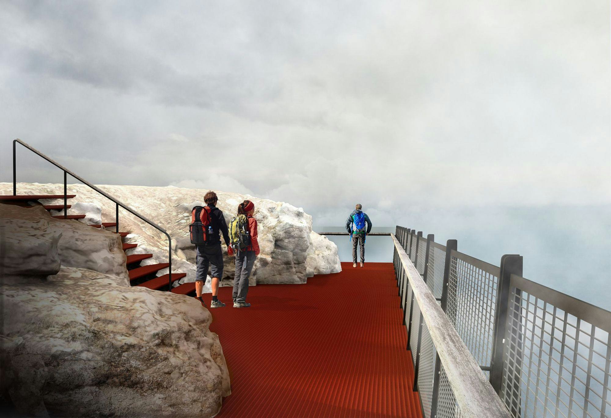 Viewing platform with a red carpet, set in a mountain or a cliff