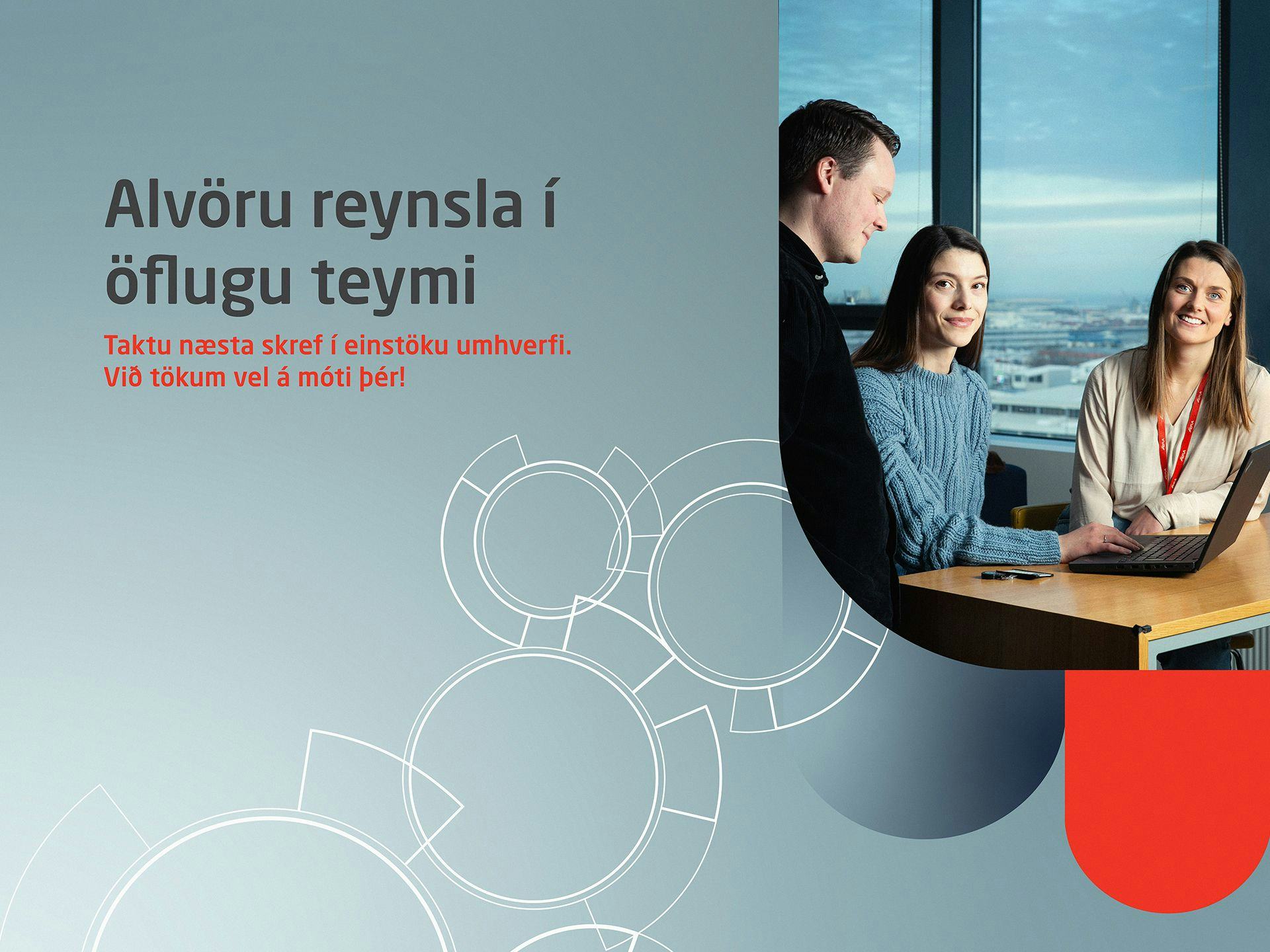 A promotional graphic with Icelandic text featuring three people in an office setting