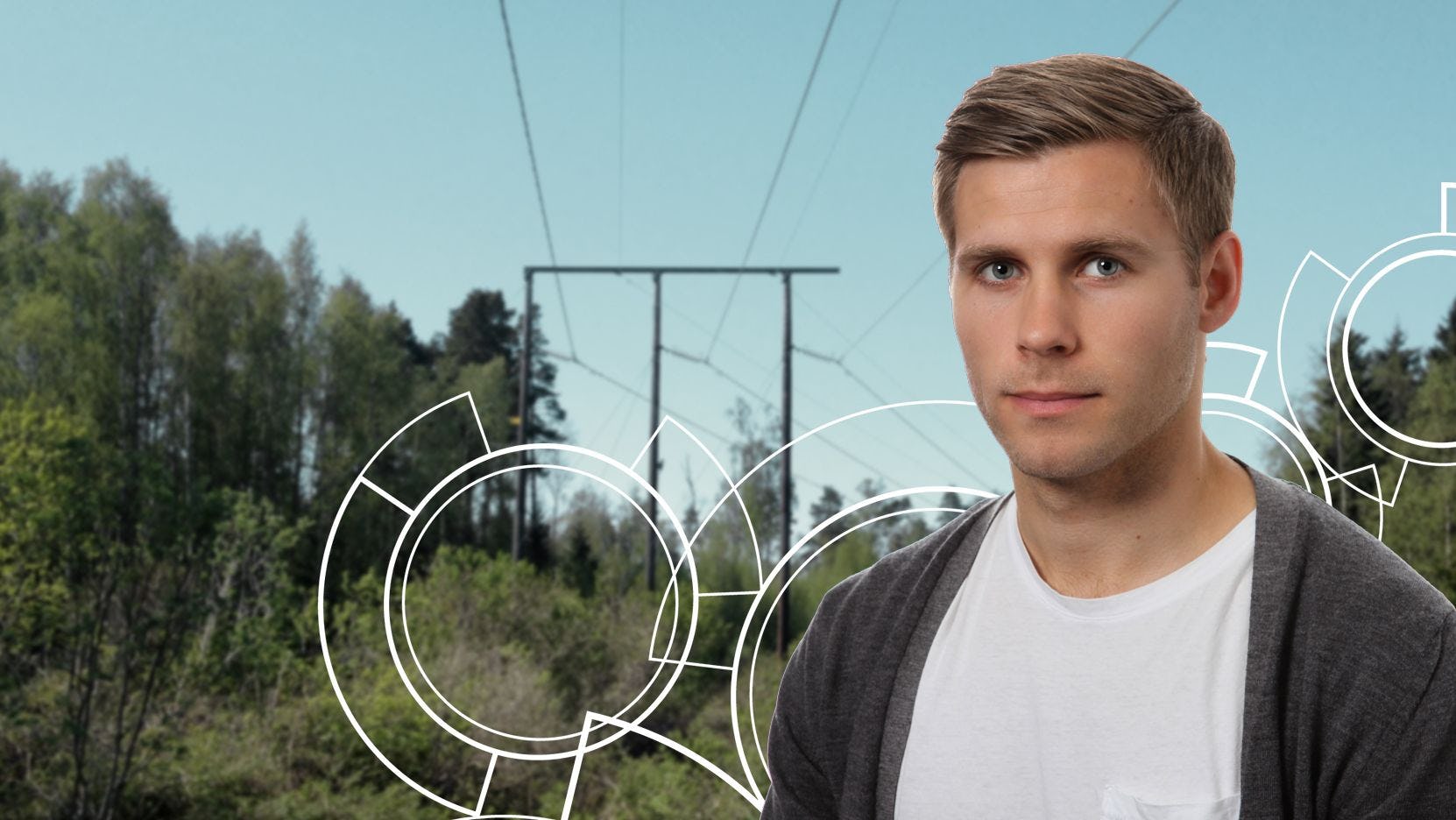 A portrait of a man superimposed on a background of trees and power lines