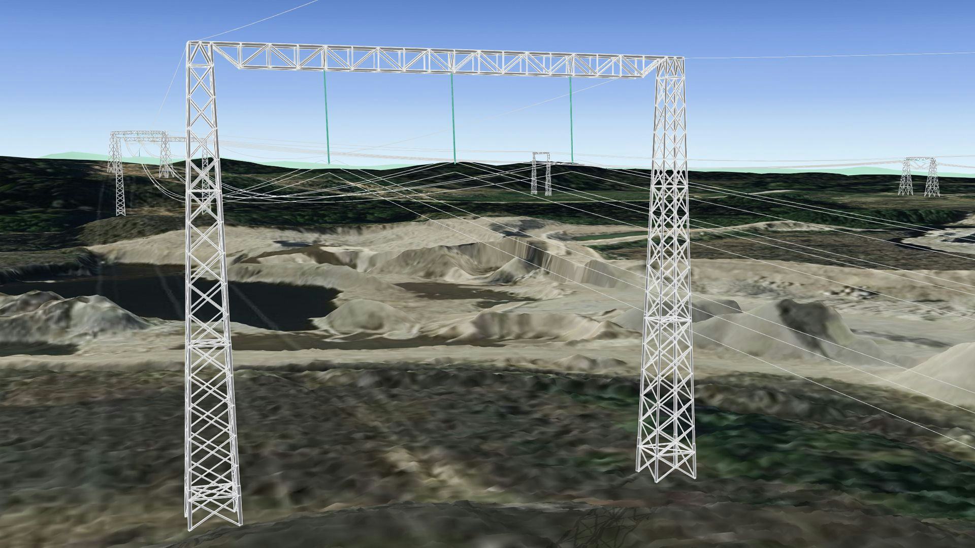3D model of electrical tower structure over a rugged terrain