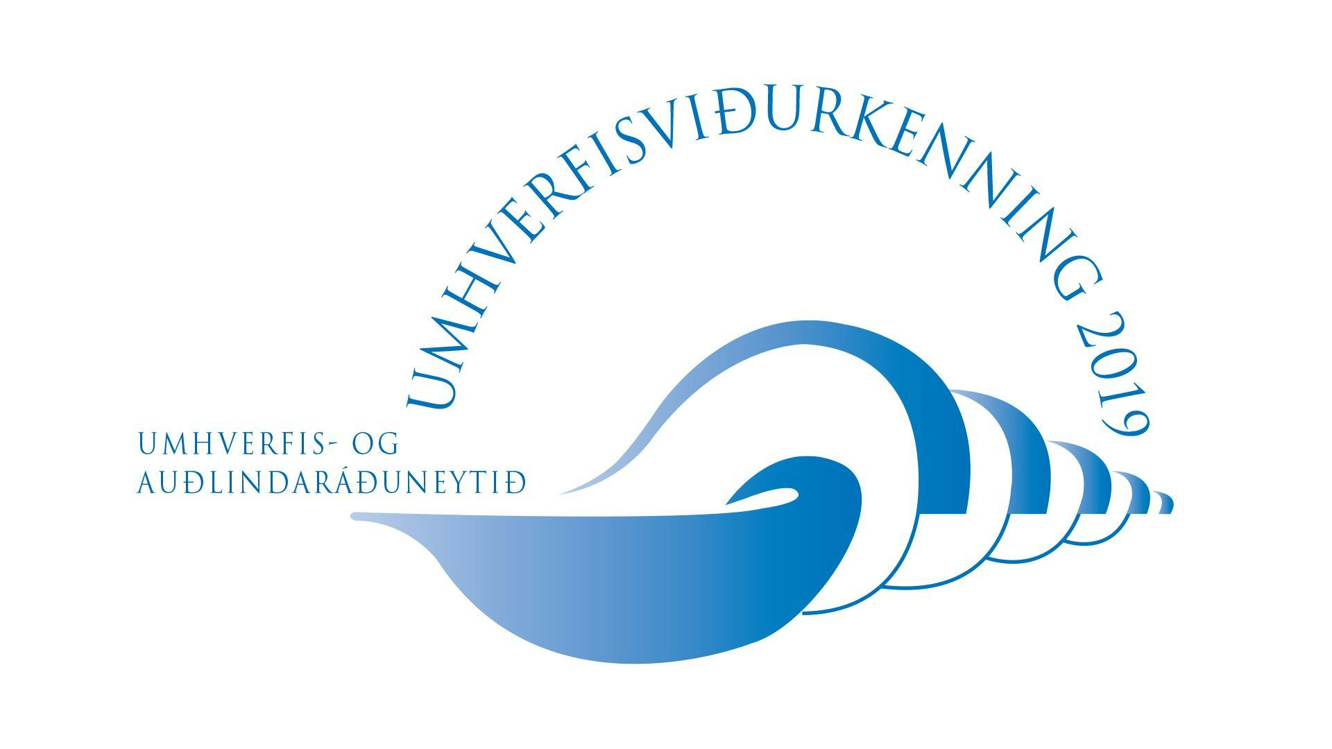 A shell shaped logo with some Icelandic texts