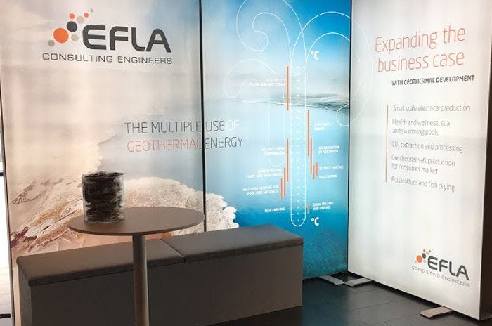 An exhibition showcasing banner with different texts about EFLA. There is a small round table and a couch.