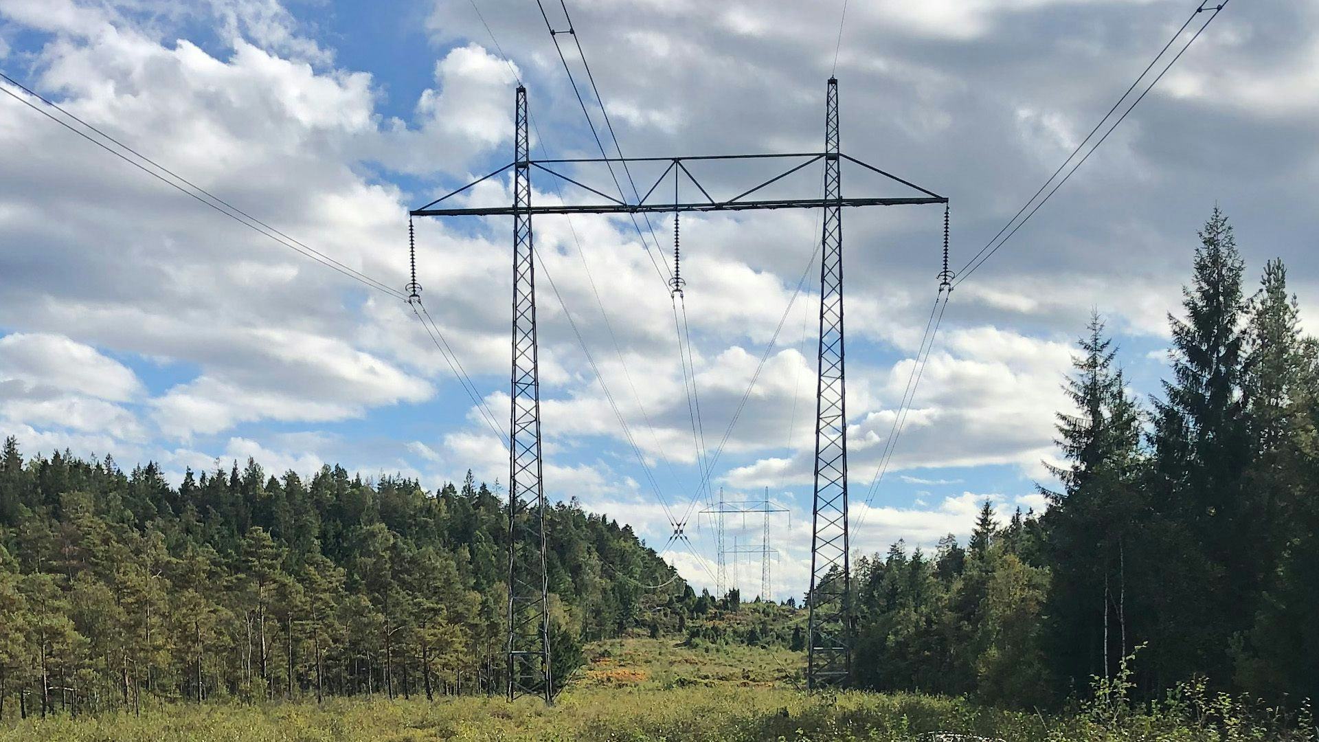 Towering electricity pylon set against a background of a forest and a partly cloudy sky