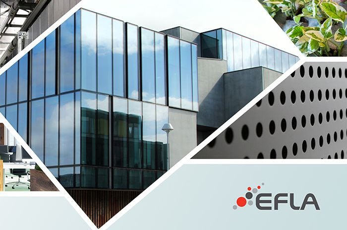 a building with reflective glasses and a section of EFLA website including their logo