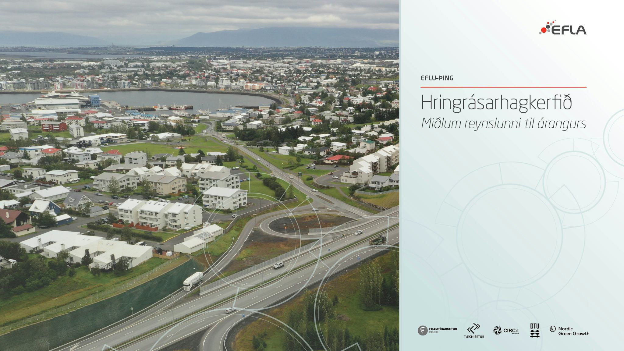 The photo shows an aerial view of a cityscape with residential area, roads and river, alongside texts in Icelandic