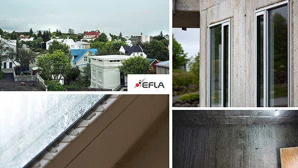 Image is combined of three small four small photos featuring a town with greenery, close-up of a gutter on a roof, window corner of a building and a moisture wall
