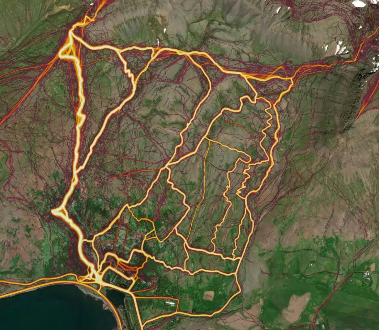 A map with marked trail and glowing lines