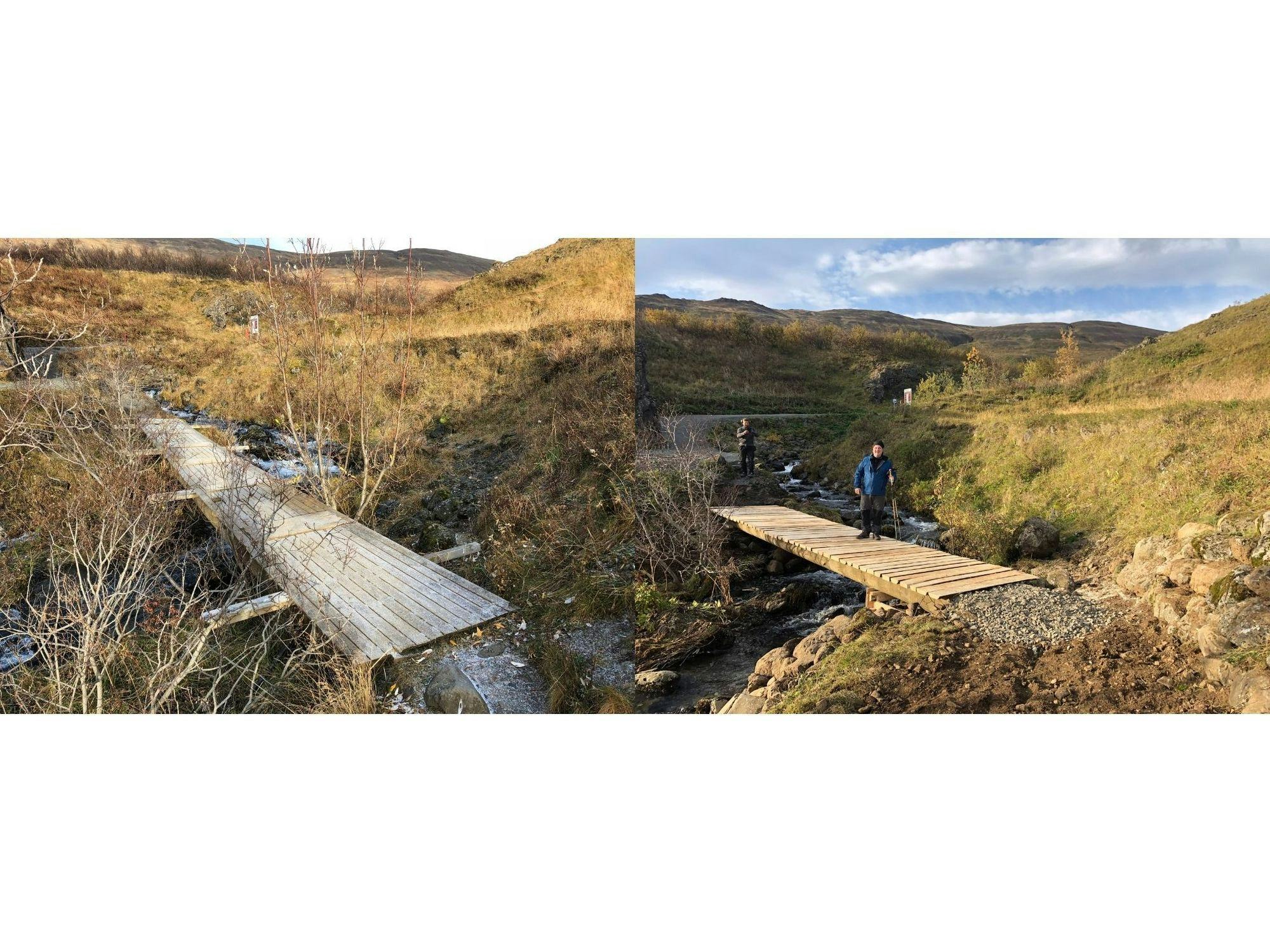  A comparative picture of wooden bridge over marshy landscape, with a hiker in one.