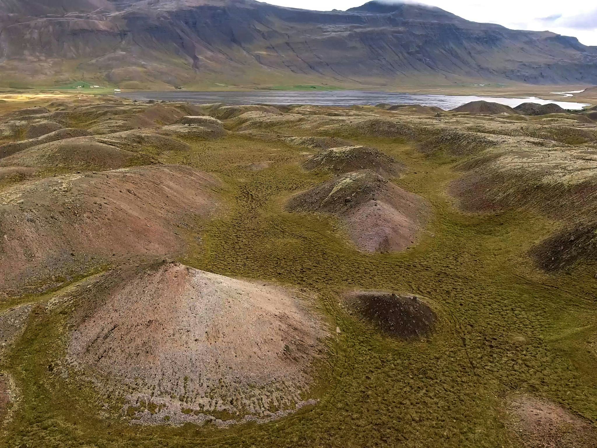 Rugged landscape with moss covered volcanic mounds in the foreground